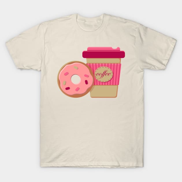 Paper cup of hot coffee to go and frosted pink donut T-Shirt by Cute-Design